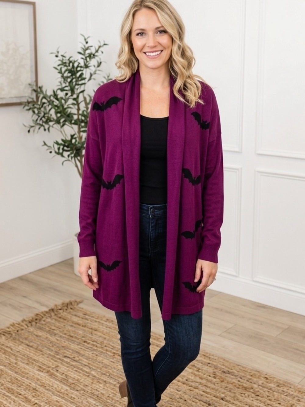 Spooky Plum Purple Bat Pattern Open Front Cardigan Duster sweater Halloween cozy